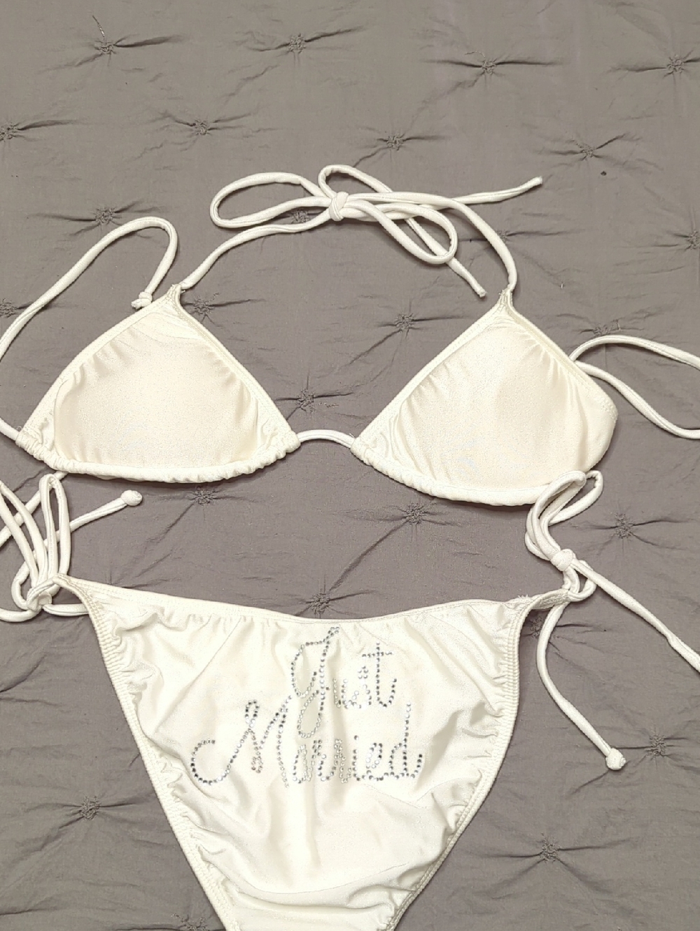 White Rhinestone 'Just Married' Tie-Side Bikini